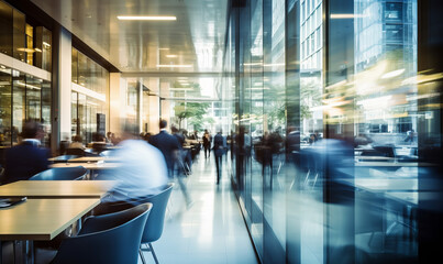 Naklejka premium Abstract blurred interior shot of a modern office building with motion blur of business people