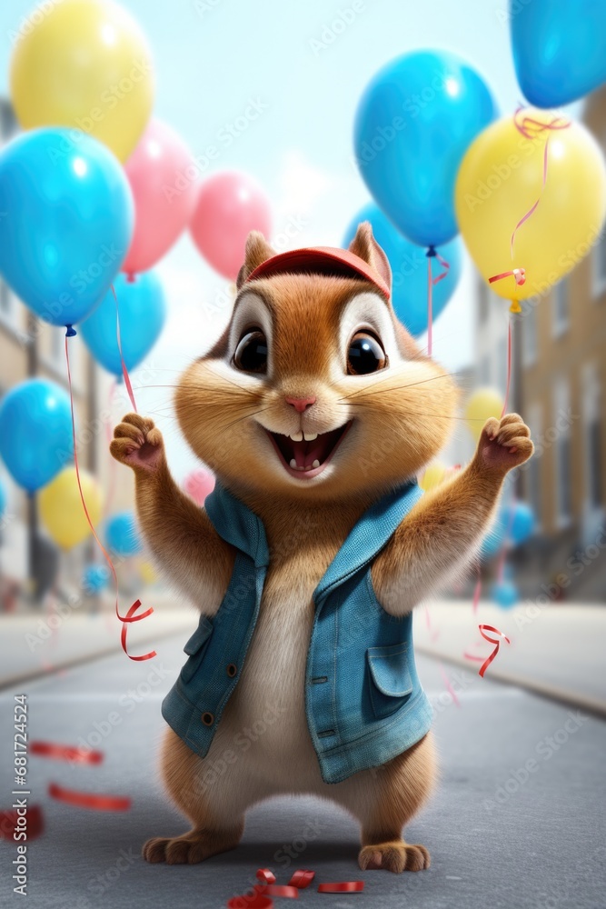 Poster a cartoon illustration of a chippy chippy with colorful balloons in the air. suitable for various us