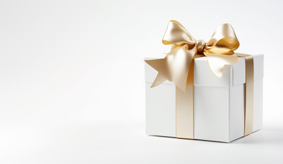 White gift box - golden ribbon - copy space to the left - white background