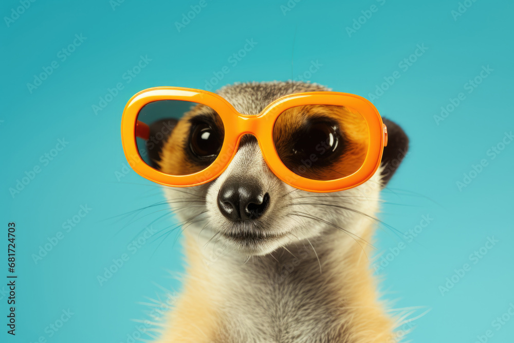 Poster a close-up photograph of a meerkat wearing stylish sunglasses. this picture can be used to add a tou