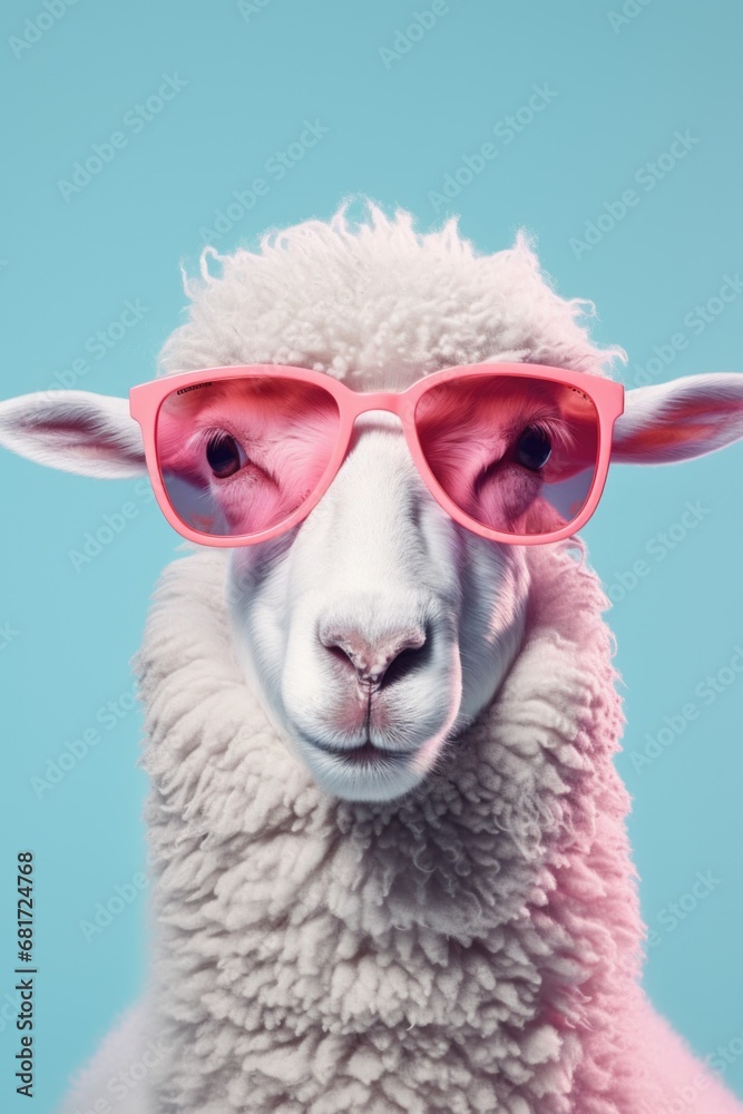 Poster a sheep wearing pink sunglasses stands out against a vibrant blue background. perfect for adding a p