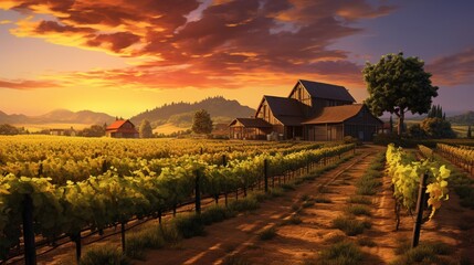 A peaceful vineyard at sunset, rows of grapevines stretching towards a rustic barn, under a sky...