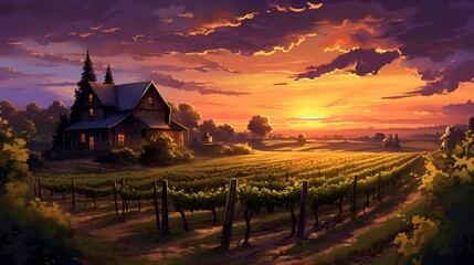 A peaceful vineyard at sunset, rows of grapevines stretching towards a rustic barn, under a sky...