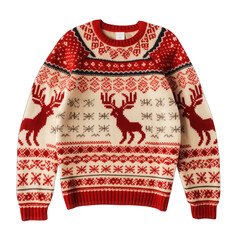 A Classic Woolen Christmas Sweater With A Reindeer Pattern- Isolated On A White Background