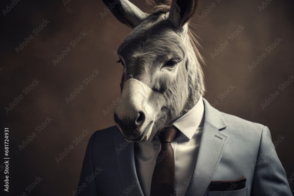 Poster A picture of a donkey dressed in a suit and tie. This image can be used to represent a humorous or unexpected situation, or to convey the idea of a donkey in a formal setting.