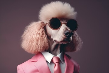 A poodle wearing sunglasses and a pink suit. Perfect for fashion or pet-themed designs.