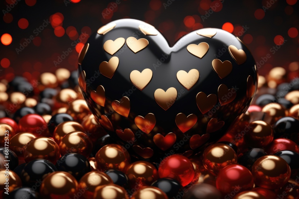 Poster a beautiful black and gold heart with red and gold balls surrounding it. this image can be used for 