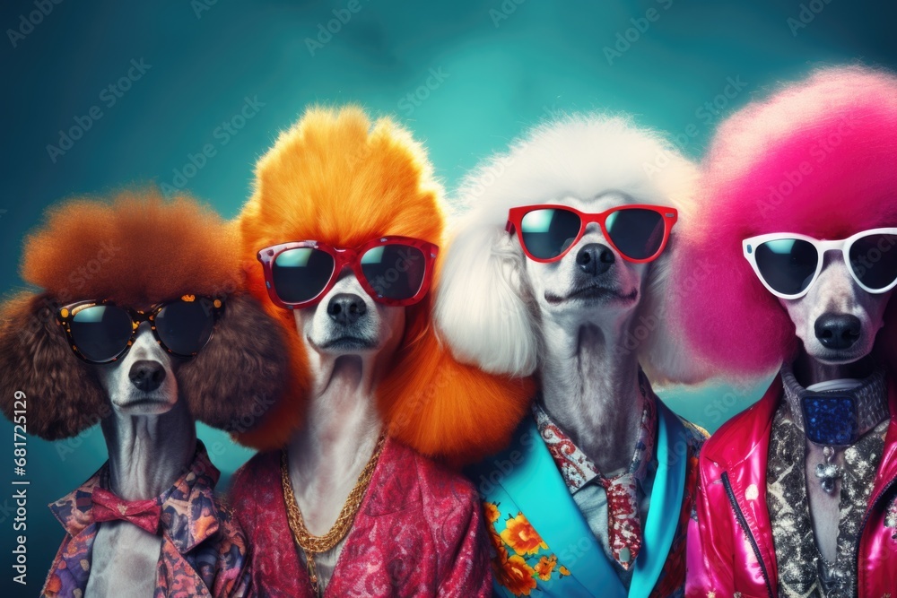 Poster A fun and quirky image featuring a group of dogs wearing wigs and sunglasses. Perfect for adding a touch of humor and playfulness to any project.