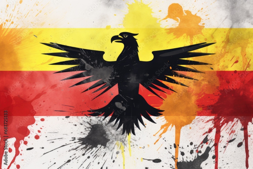 Aufkleber A painting of a black bird against a vibrant red and yellow background. This striking artwork can be used to add a bold and colorful touch to any design project.