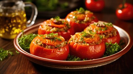 Turkish culinary delight! Traditional stuffed tomatoes with rice and olive oil, showcasing the rich...