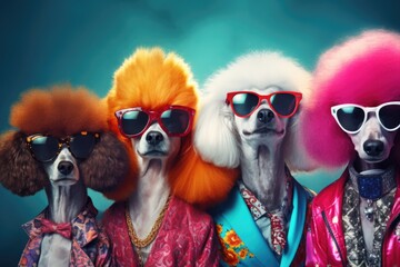 A fun and quirky image featuring a group of dogs wearing wigs and sunglasses. Perfect for adding a...