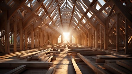 Fototapeta premium Construction of wood roof trusses using framing beam