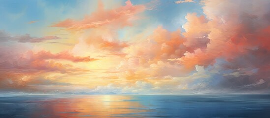 Obraz premium serene summer evening, as the sun sets against the vivid blue sky, the abstract play of light creates a breathtaking landscape. The clouds blush in hues of orange and red, casting a warm glow upon the