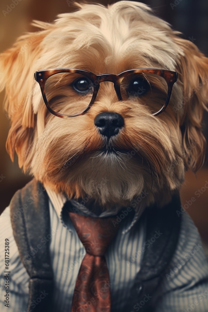 Poster a picture of a dog wearing glasses and a tie. this image can be used to depict a smart and sophistic