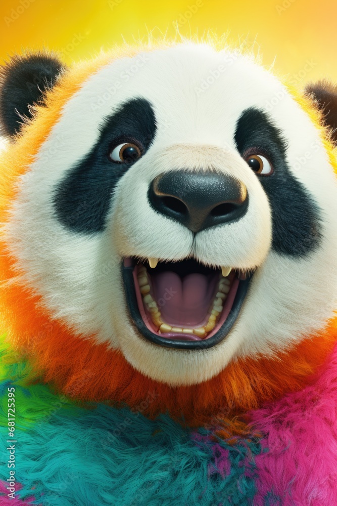 Poster A close up photograph of a smiling panda bear. Perfect for adding a touch of cuteness and joy to any project or design.