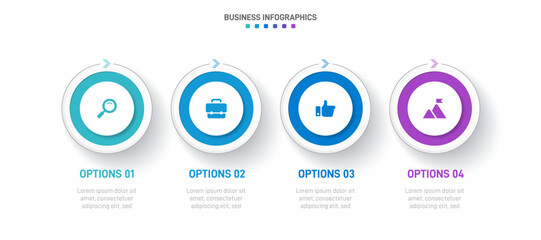 Timeline infographic with infochart. Modern presentation template with 4 spets for business process. Website template on white background for concept modern design. Horizontal layout.