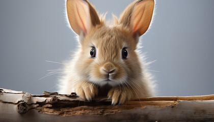 Fototapeta premium Cute baby rabbit sitting on wood, looking at camera generated by AI