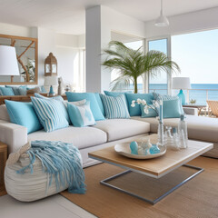 Fabric sofas with turquoise pillows. Coastal home interior design of modern living room in seaside house.