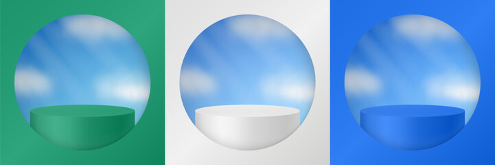 3d mockup of a cylindrical podium or pedestal for a product. Blue, green and white display stage. Background with clouds on a blue sky. Cylinder showing through a round window