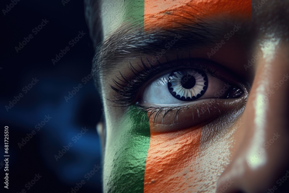 Poster A close-up view of a person's eye with intricate face paint. This image can be used to showcase creativity and artistic expression.