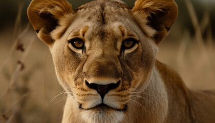 Obraz premium Majestic lioness staring, alert in the wilderness, beauty in nature generated by AI