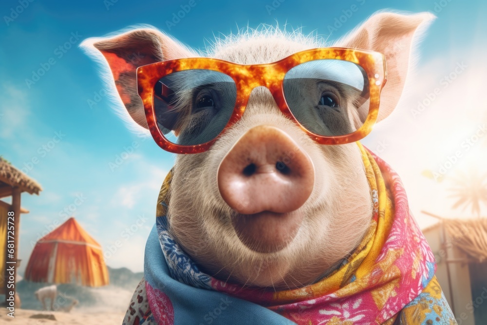 Poster a picture of a pig wearing sunglasses on the beach. this image can be used to depict a humorous and 