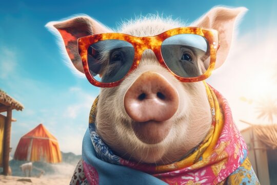 A picture of a pig wearing sunglasses on the beach. This image can be used to depict a humorous and playful scene or to illustrate the concept of relaxation and vacation