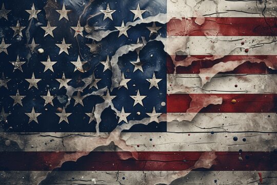An image of an American flag painted on a cracked wall. This picture can be used to represent patriotism, decay, or urban art.
