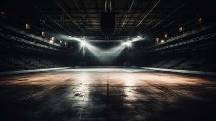An empty ice skating rink is illuminated by floodlights. Empty stadium and arena. Sports winter background. - obrazy, fototapety, plakaty