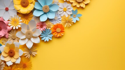Bottom border beautified with colorful origami paper blossoms on yellow background