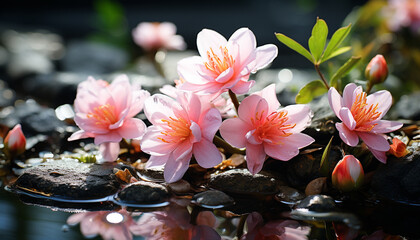 Beautiful pink lotus flower in a tranquil pond reflection generated by AI