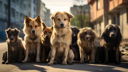 Half-a-dozen stray street dogs roaming in a residential area in north