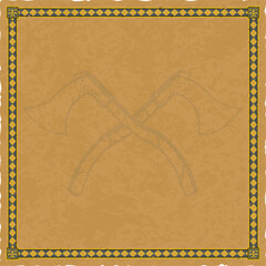 Fototapeta na wymiar Square Parchment with Fleur de Lis Frame and Crossed Throwing Axes