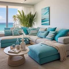 Fabric sofas with turquoise pillows. Coastal home interior design of modern living room in seaside house.