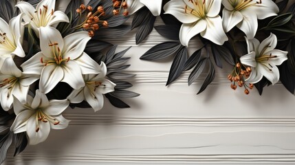 Delicate lily flowers arranged on a white wooden