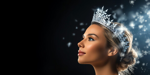 princess wearing beautiful diadem tiara with sparkles glitter background