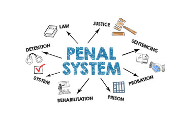 Penal System Concept. Illustration with icons, keywords and arrows on a white background - obrazy, fototapety, plakaty