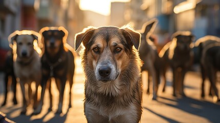 Half-a-dozen stray street dogs roaming in a residential area in north