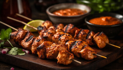 Grilled meat skewers with savory sauce, fresh veggies, and cilantro generated by AI