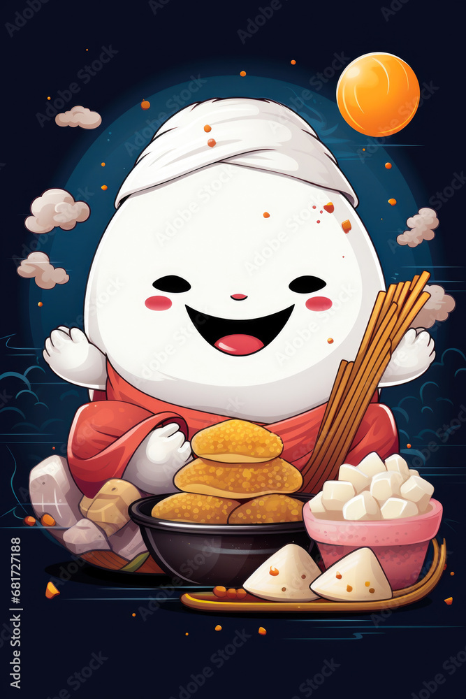 Poster a cartoon character holding a plate of food. this image can be used for various food-related project