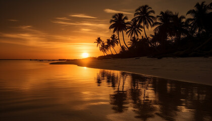 Fototapeta na wymiar Tropical sunset, tranquil scene, palm tree, reflection, beauty in nature generated by AI
