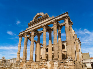 Well-preserved archaeological remains of the Roman temple of Diana with well-preserved Corinthian style marble columns Badajoz province, Extremadura, Spain.