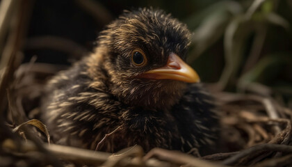 Fototapeta premium Cute yellow hatchling peeks out of animal nest in nature generated by AI