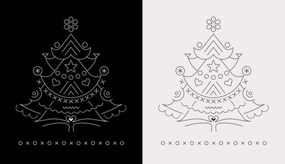 Line art design isolated on a black and on a white backgrounds Christmas Tree vector illustration.  - 681727369