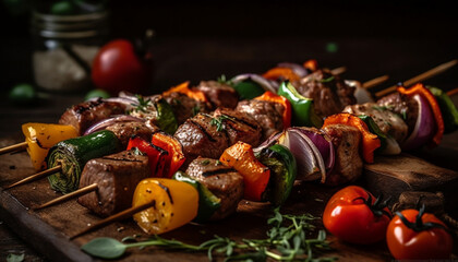 Grilled skewered meat and vegetables, a gourmet healthy eating meal generated by AI