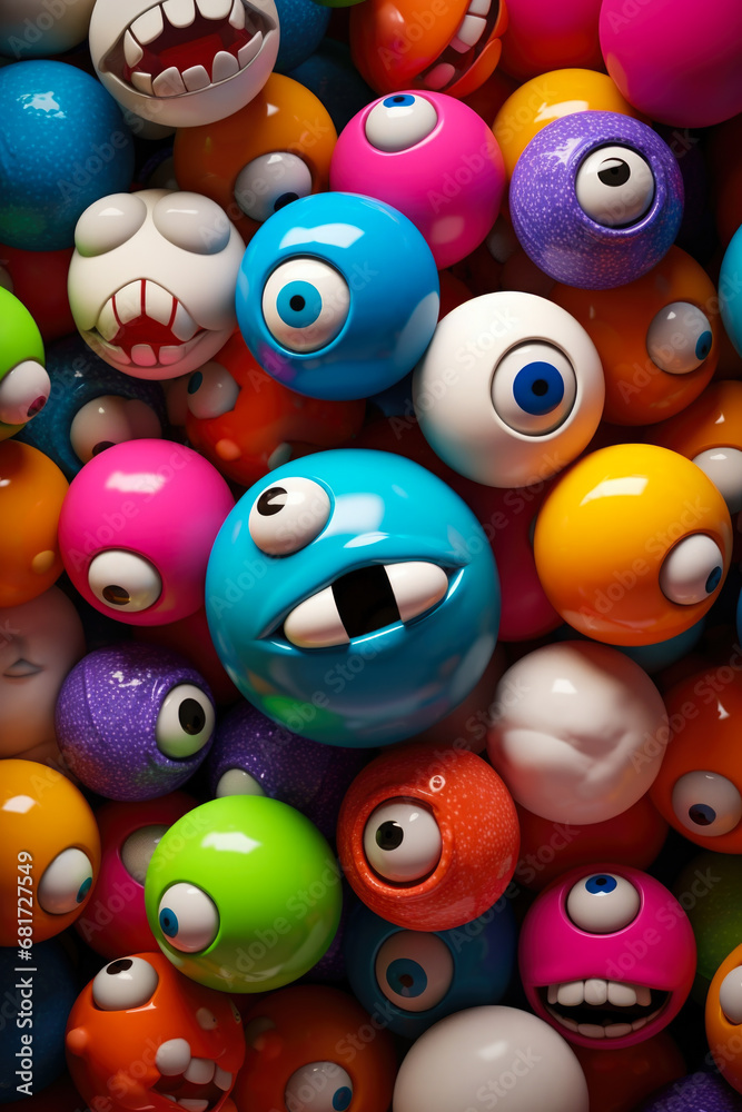 Poster A vibrant pile of balls with adorable faces, perfect for adding a touch of fun and playfulness to any project or design