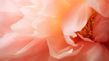 An extreme close-up of a peach fuzz color peonies, focusing on the texture of its petals that appear almost translucent in the bright daylight