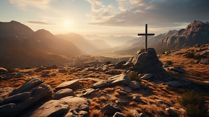 A Christian cross on top of a mountain with a shinin