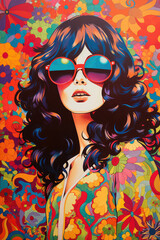 beautiful brunette woman wearing sunglasses. 1970s psychedelic retro style illustration portrait. Ai generated