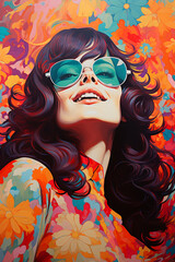 beautiful brunette woman wearing sunglasses. 1970s psychedelic retro style illustration portrait. Ai generated